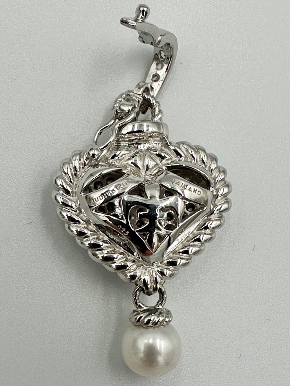 New Judith Ripka 925 Sterling Silver Puffed Heart Dangling Pearl Pendant Charm - Picture 10 of 10